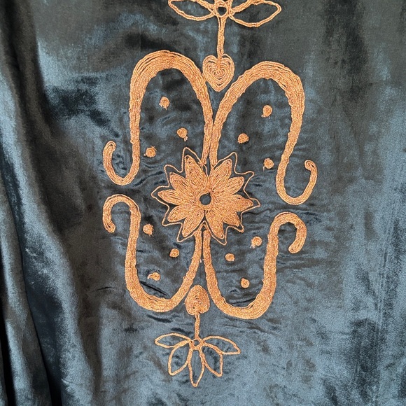 The Hippie Shake Embroidered Teal Velvet Long Coat with Gold Accents - Picture 3 of 8